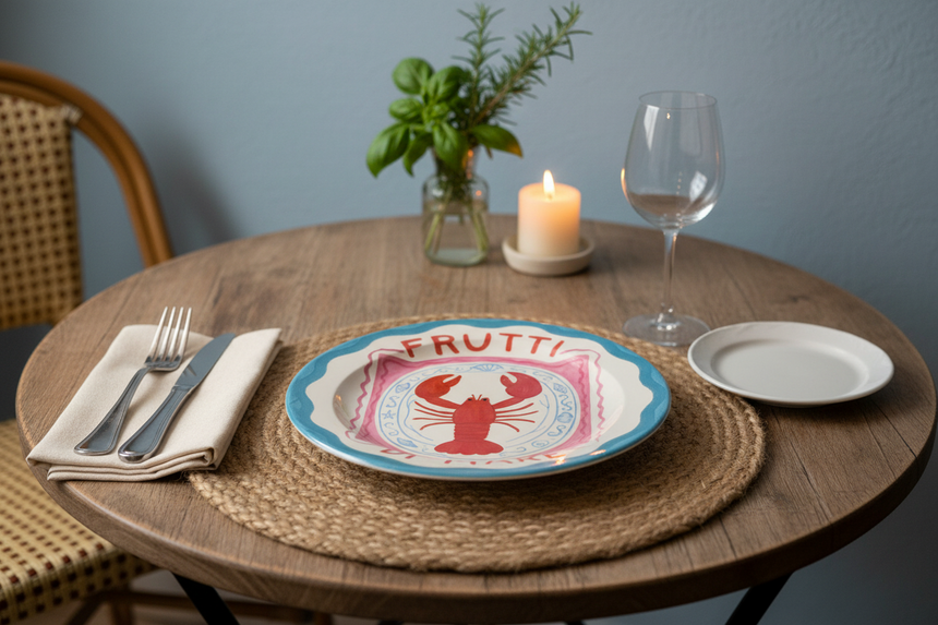 Decorative plate with a red lobster design and 'Frutti di Mare' text on a white background