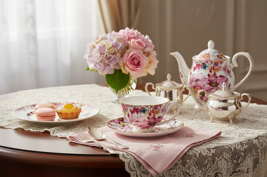 Floral teacup and saucer set on a white background
