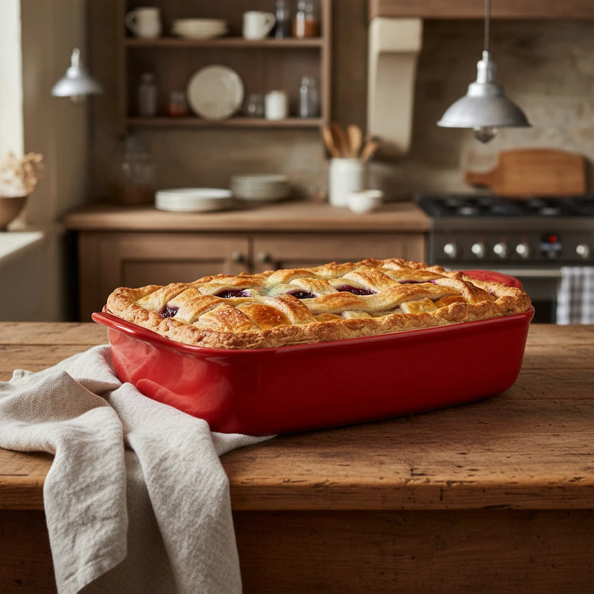 A glossy red rectangular ceramic baking dish with side handles, shown on a clean white background.