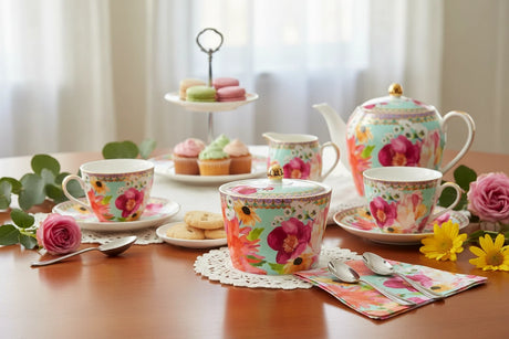 Colorful floral-patterned container with a gold lid on a white background