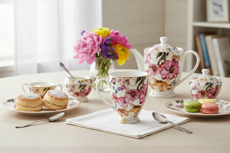 Floral mug with pink and orange flowers on a white background