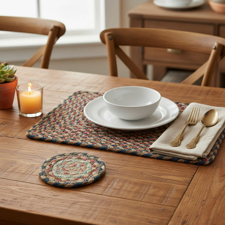 Round braided coaster  with multicolor pattern on a white background