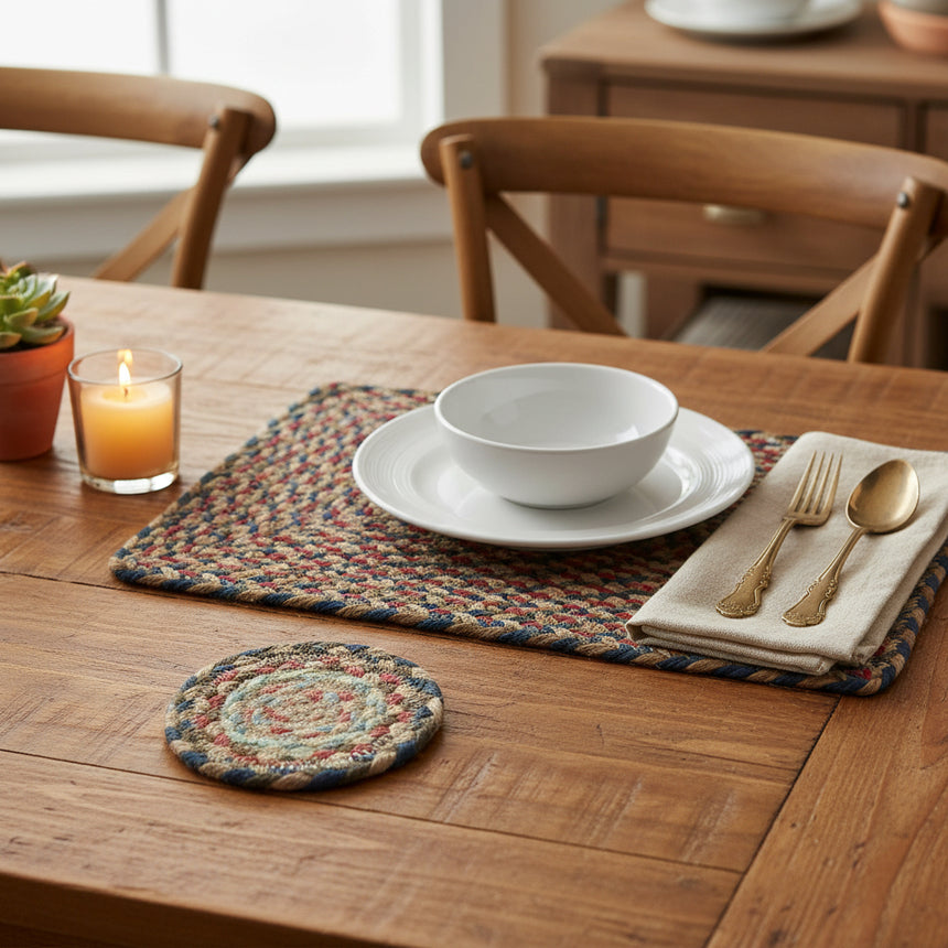 Round braided coaster  with multicolor pattern on a white background