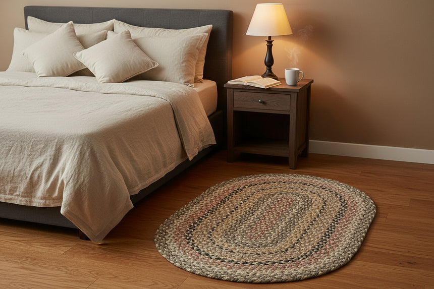 Oval braided rug with multicolor pattern on a white background