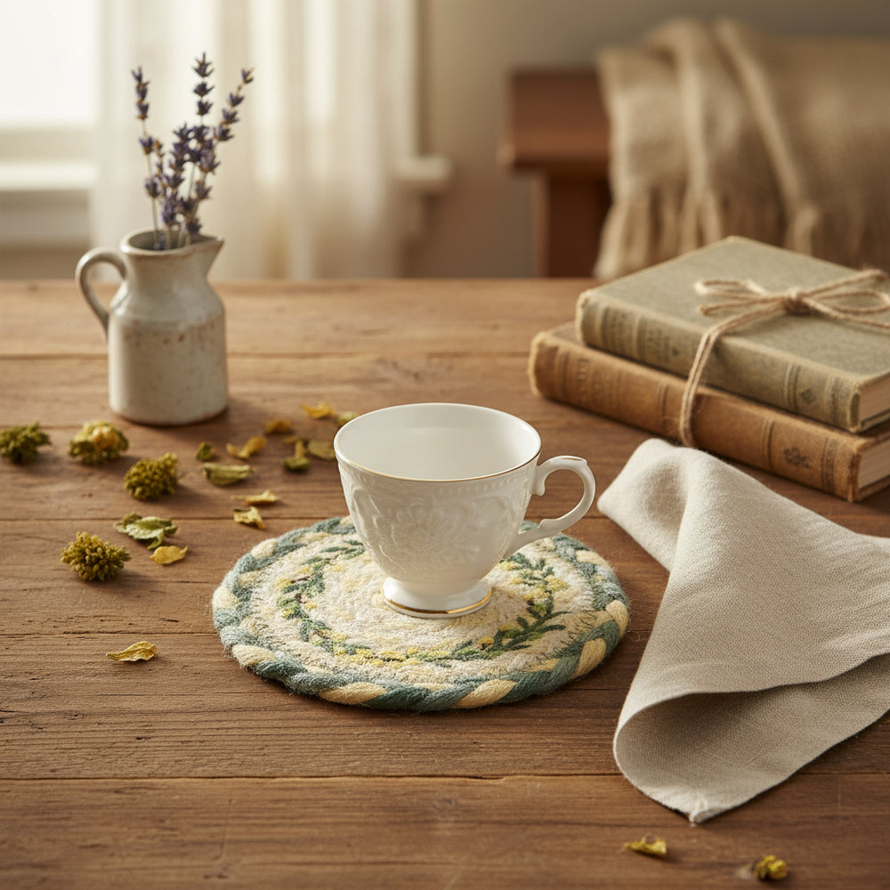 Round woven coaster  with greenery design on a white background