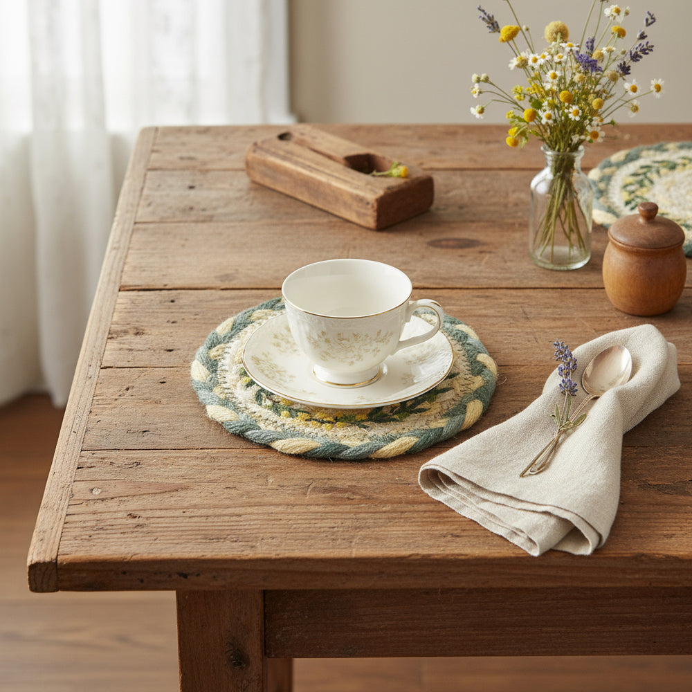 Round woven coaster with greenery design on a white background