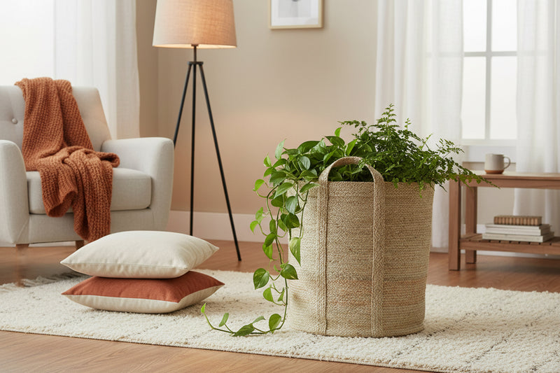Woven basket with handles on a white background