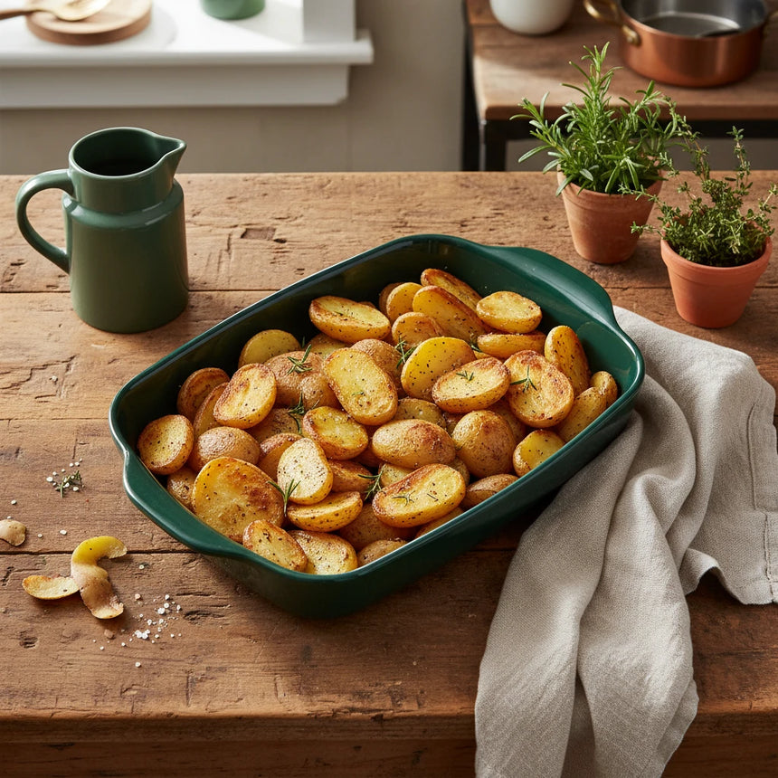 A dark green rectangular ceramic baking pan with rounded corners and integrated side handles, shown from a top-down perspective on a white background.
