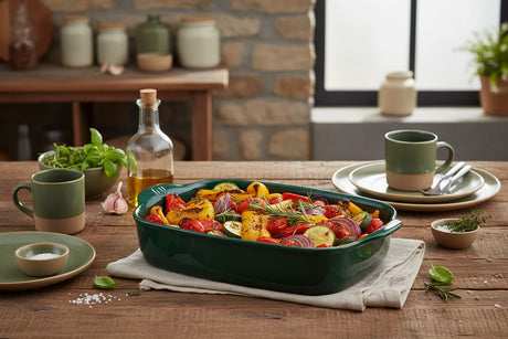 Green rectangular baking dish on a white background