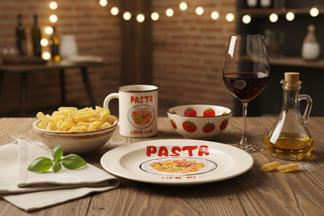 Decorative plate with a drawing of spaghetti and the text 'Pasta Lover Club' on a white background.