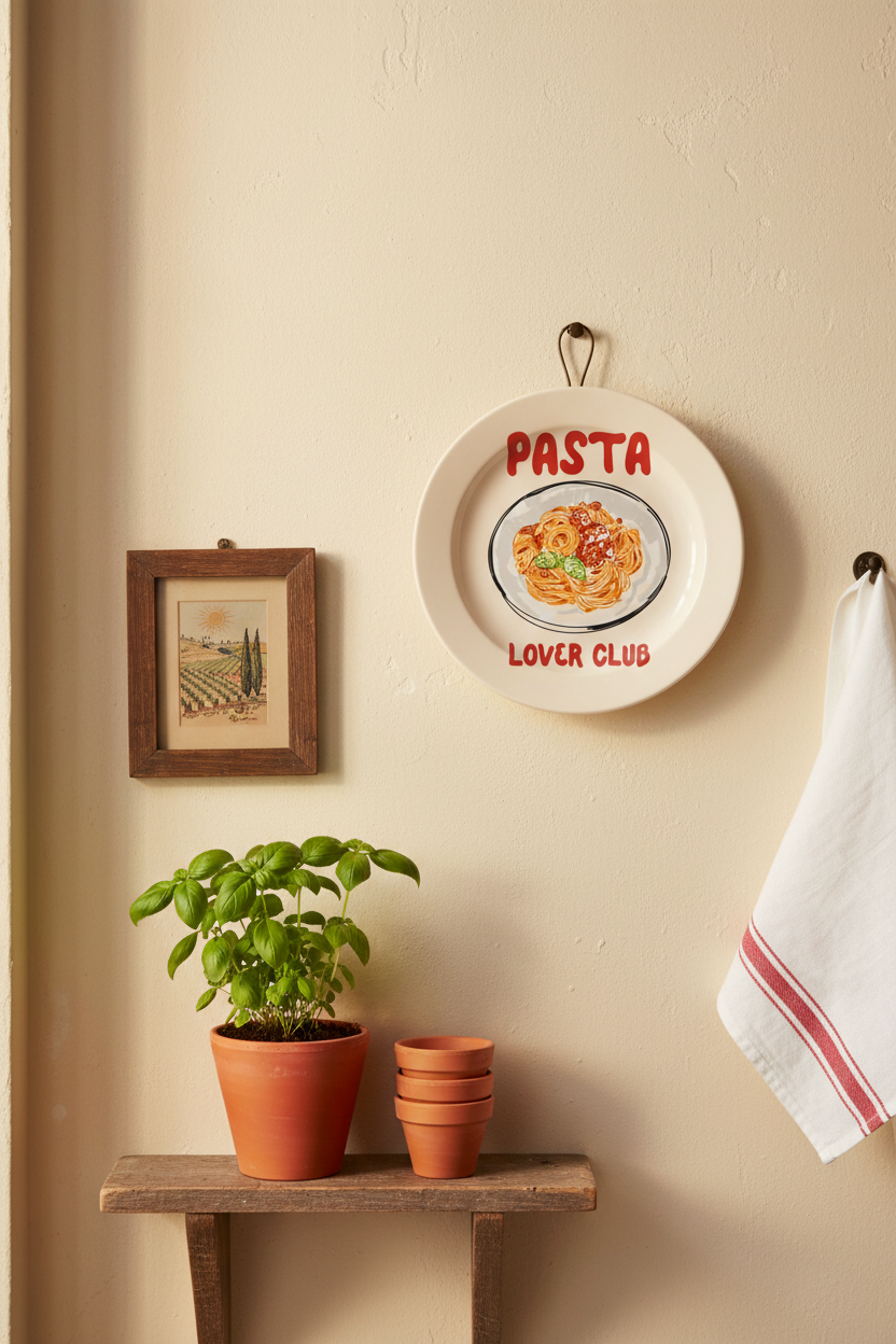 Decorative plate with a drawing of spaghetti and the text 'Pasta Lover Club' on a white background.