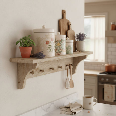 Three ceramic canisters with matching lids are arranged on a white marble surface against a white paneled wall. The canisters have a warm cream base with floral and botanical patterns in muted green, peach, orange, and beige tones.