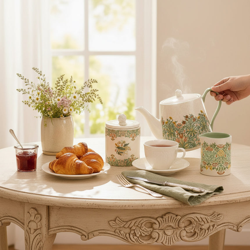 A coordinated ceramic tea and milk set on a table, including a teapot, lidded canister, pitcher, and spoon, all decorated with a botanical border pattern in green, yellow, and orange on an off-white background. A vase of flowers and cookies appear in a softly lit interior setting.
