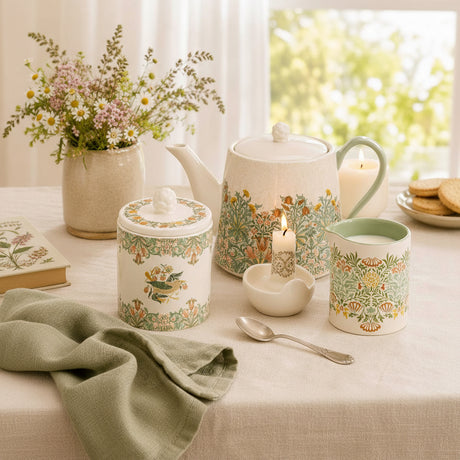A coordinated ceramic tea and milk set on a table, including a teapot, lidded canister, pitcher, and spoon, all decorated with a botanical border pattern in green, yellow, and orange on an off-white background. A vase of flowers and cookies appear in a softly lit interior setting.