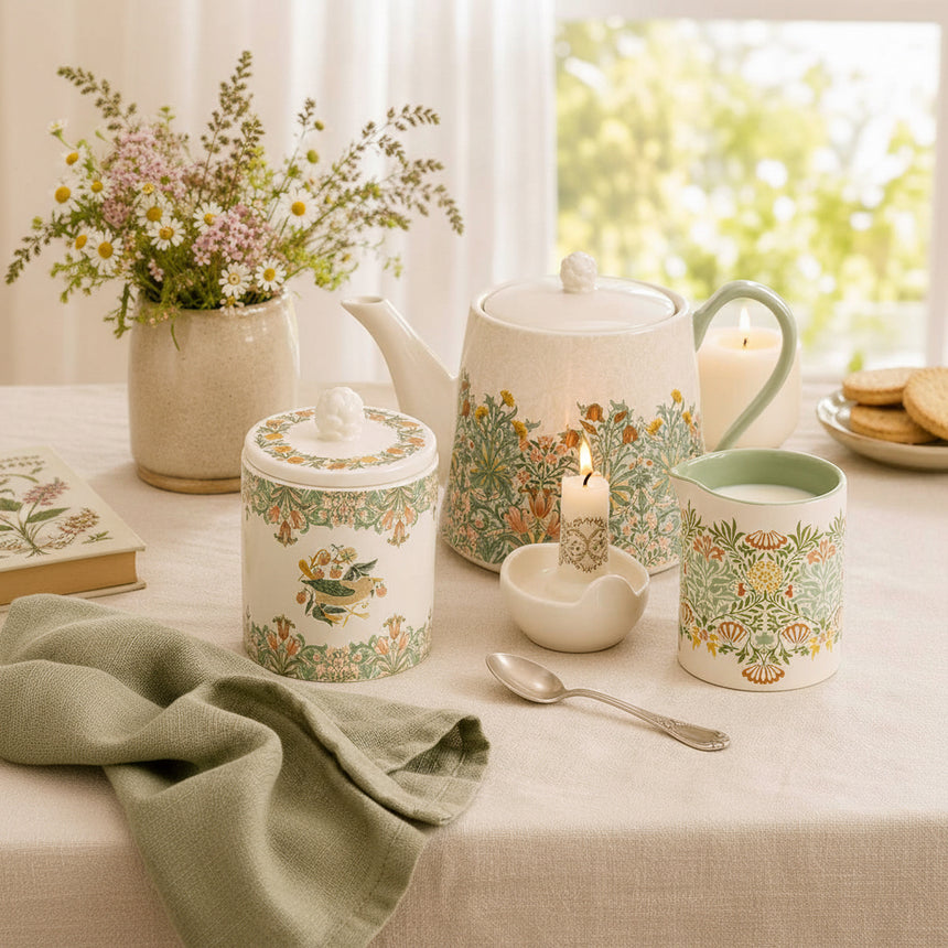 A coordinated ceramic tea and milk set on a table, including a teapot, lidded canister, pitcher, and spoon, all decorated with a botanical border pattern in green, yellow, and orange on an off-white background. A vase of flowers and cookies appear in a softly lit interior setting.
