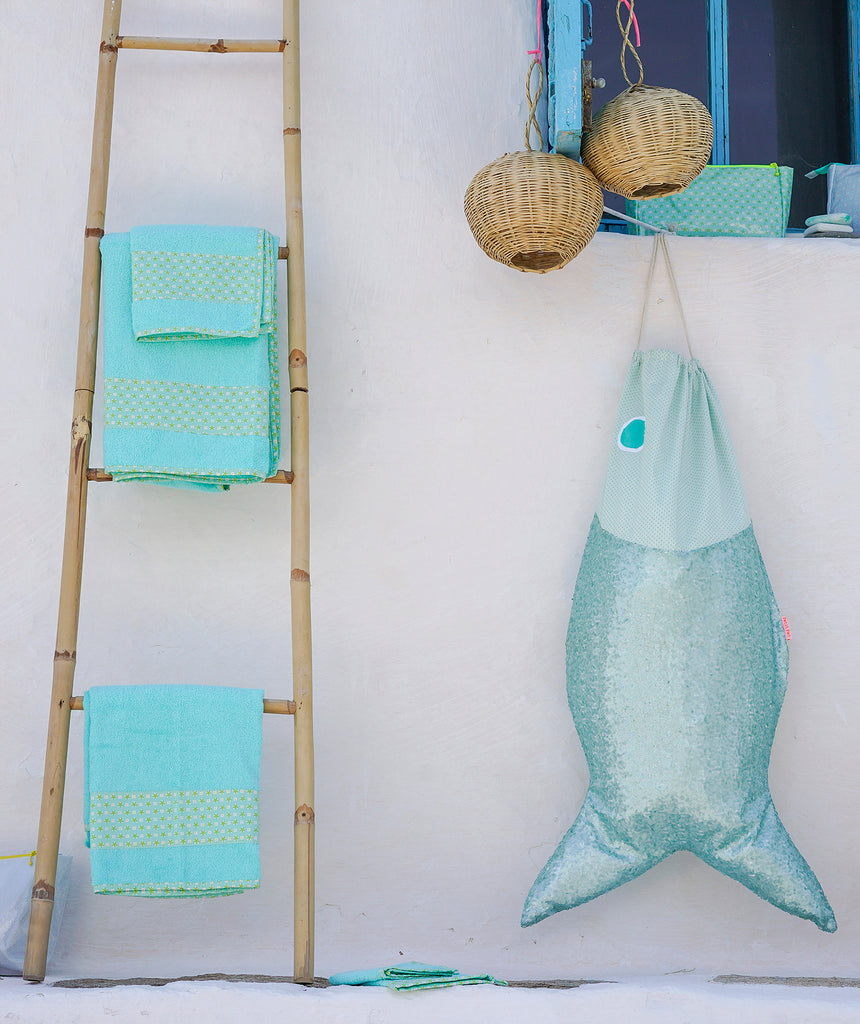 Petit Pan Fish Hanging Laundry Bag, Blue Sequin