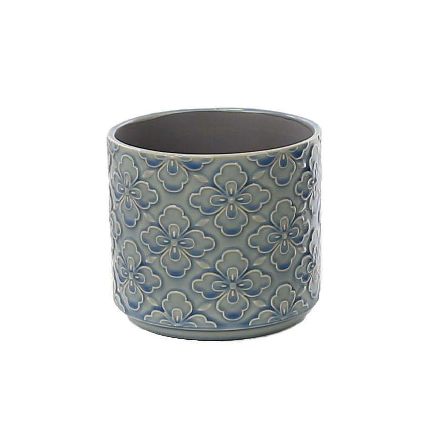 Flower Embossed Ceramic Plant Pot, Blue