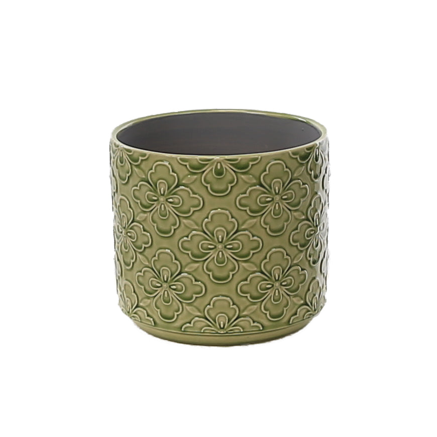 Flower Embossed Ceramic Plant Pot, Green