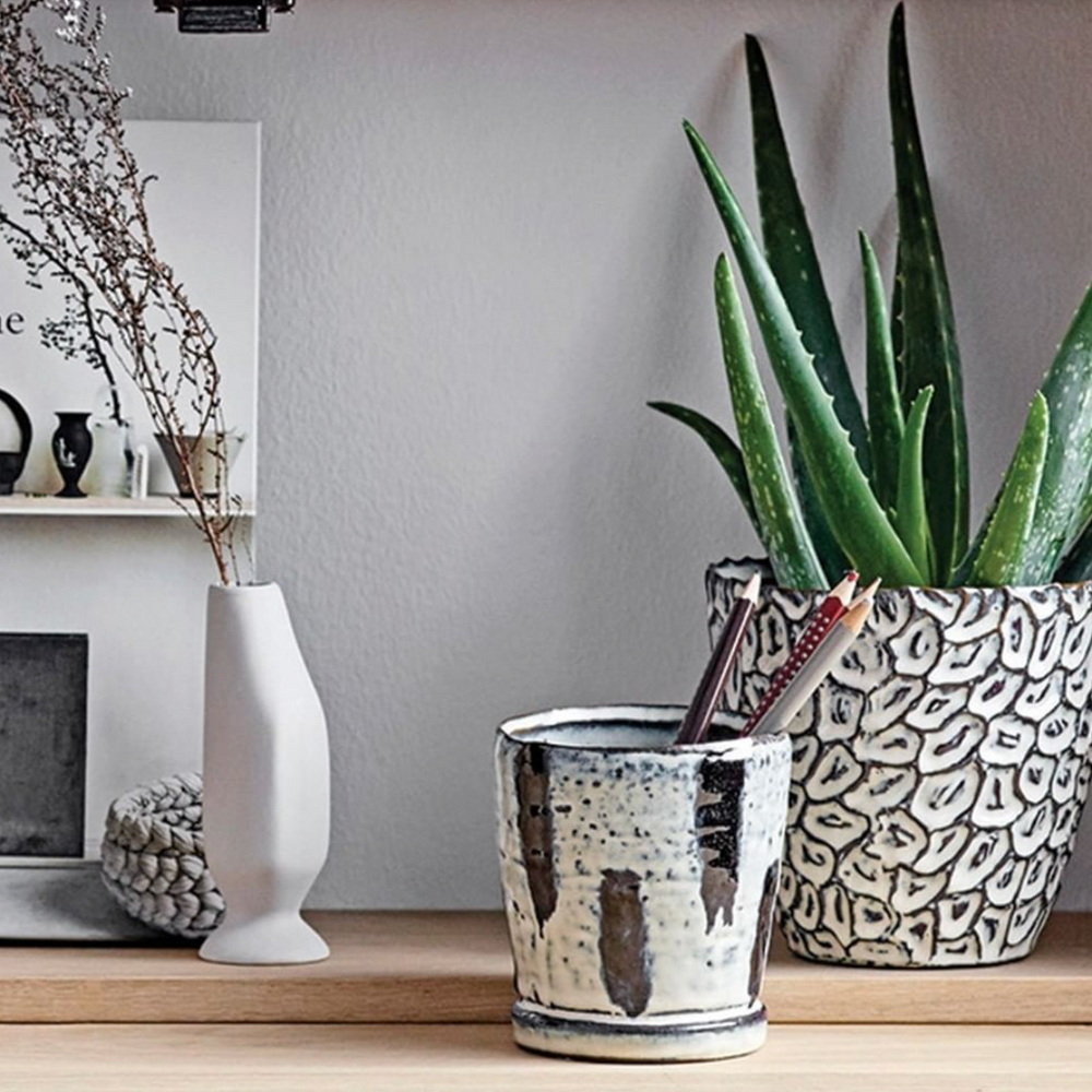 Bloomingville Textured Stoneware Flower Pot  Blue/ white