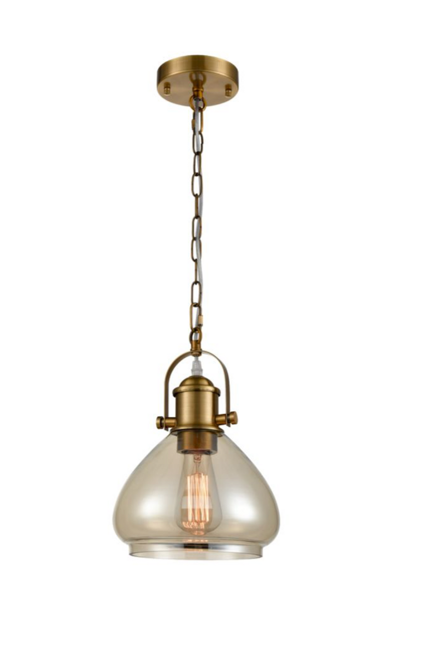 Vista Amber Glass Pendant, Antique Brass