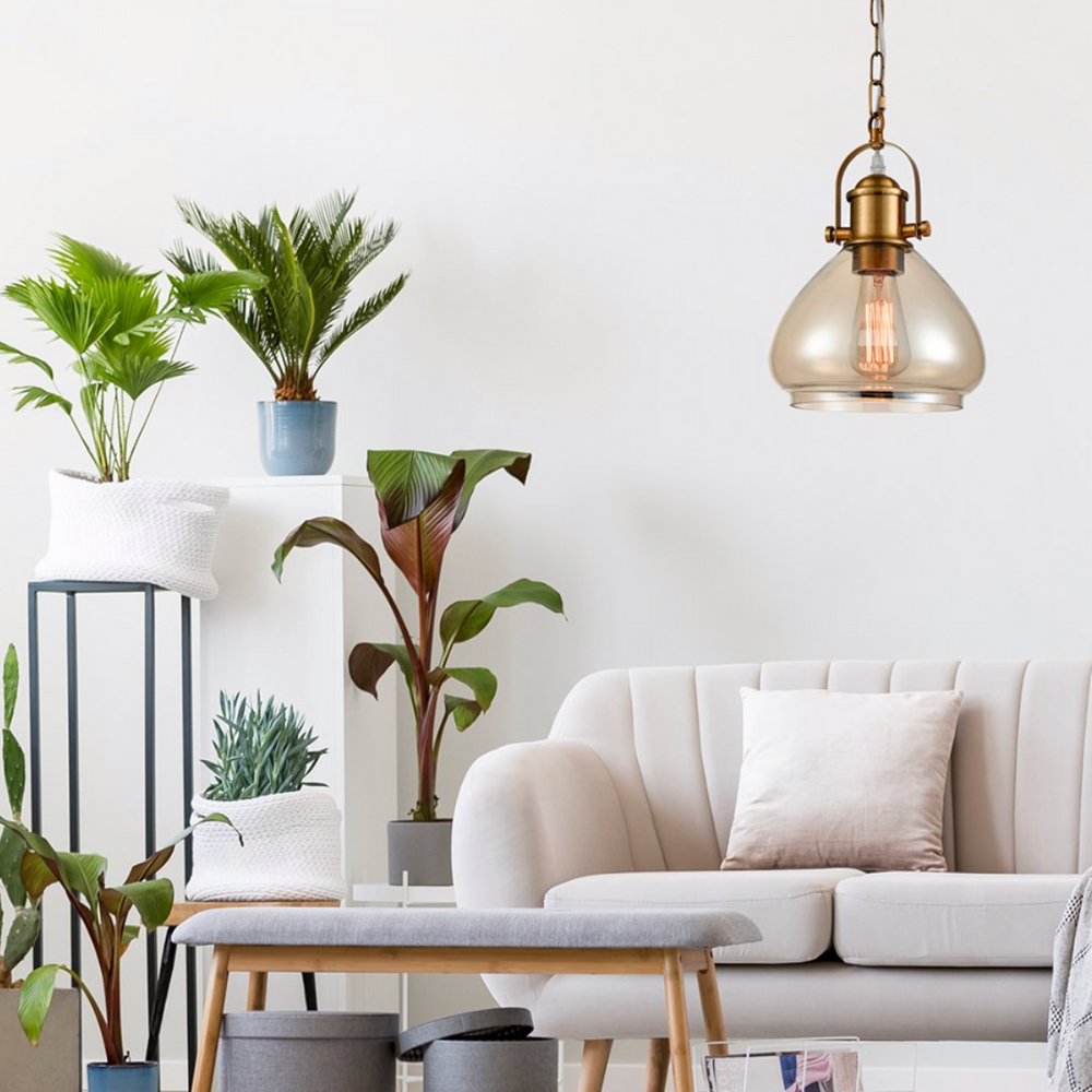 Vista Amber Glass Pendant, Antique Brass