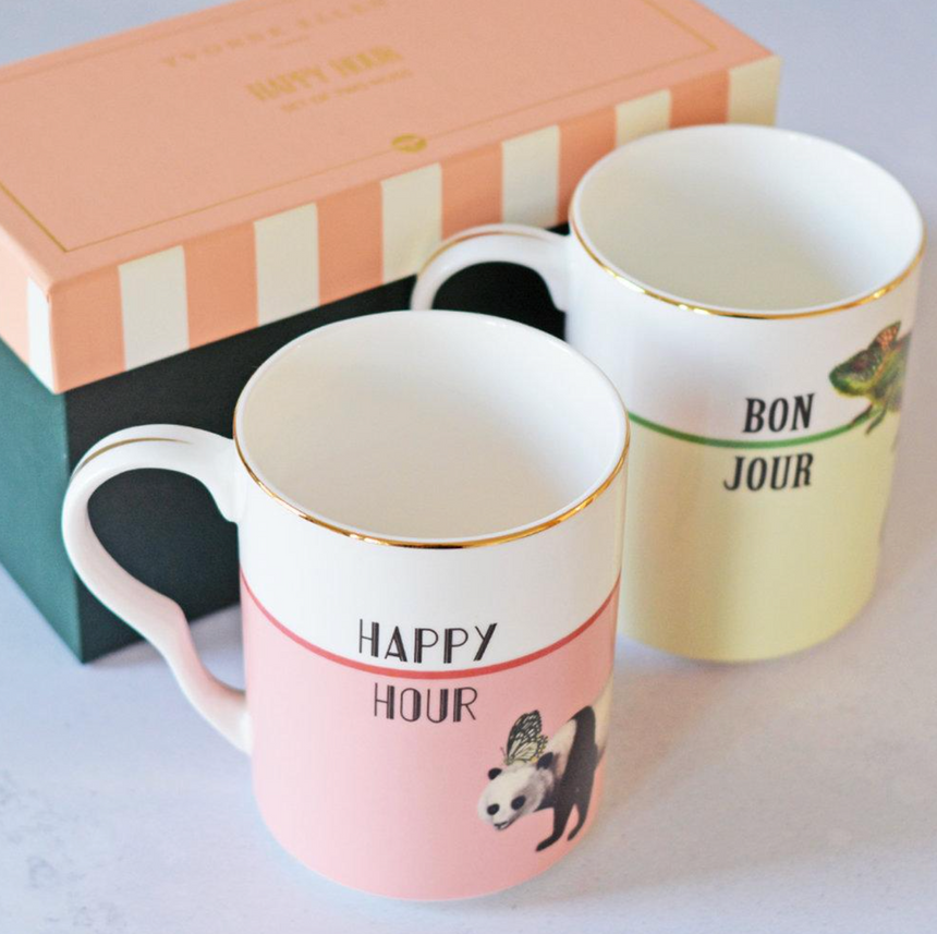 Yvonne Ellen Mugs Bonjour/ Happy Hour Set Of 2