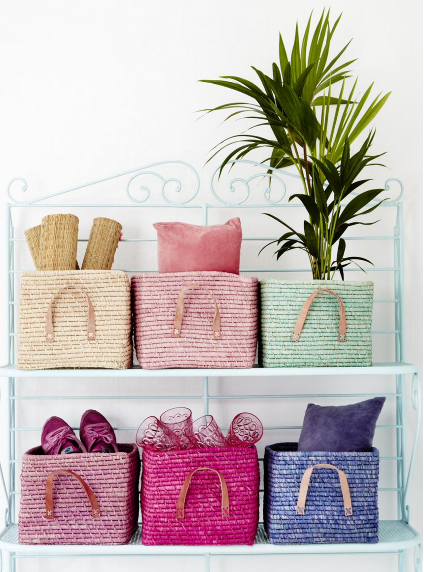 Rice Raffia Rectangle Storage Basket, Mint