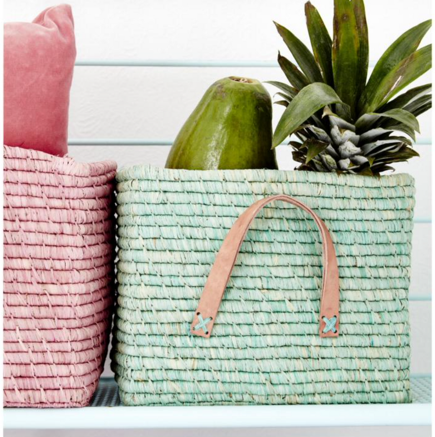 Rice Raffia Rectangle Storage Basket, Mint