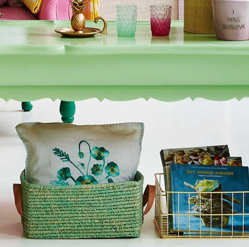 Rice Raffia Rectangle Storage Basket, Mint