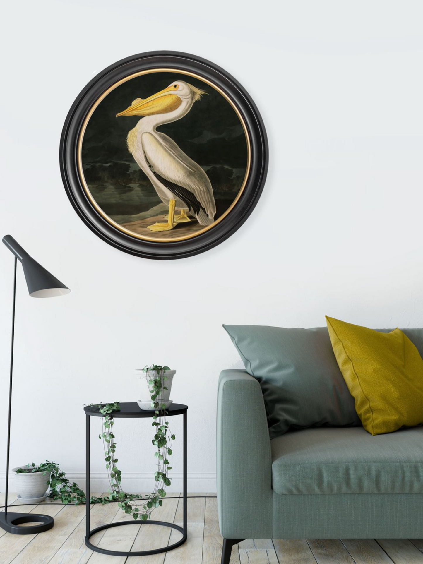 Vintage Round Framed Print, Pelican