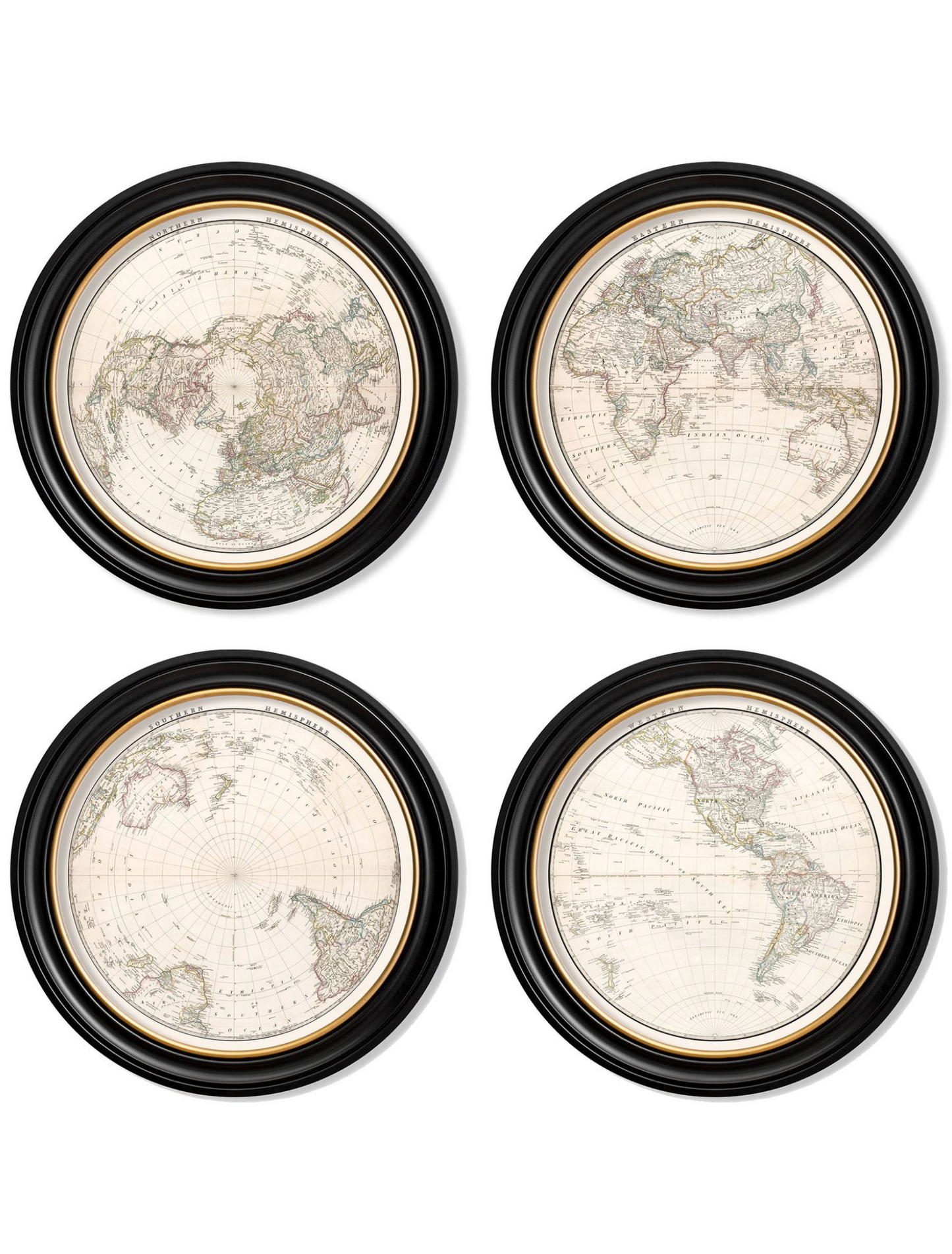 Vintage Round Framed Print, World Hemispheres, Northern Hemisphere