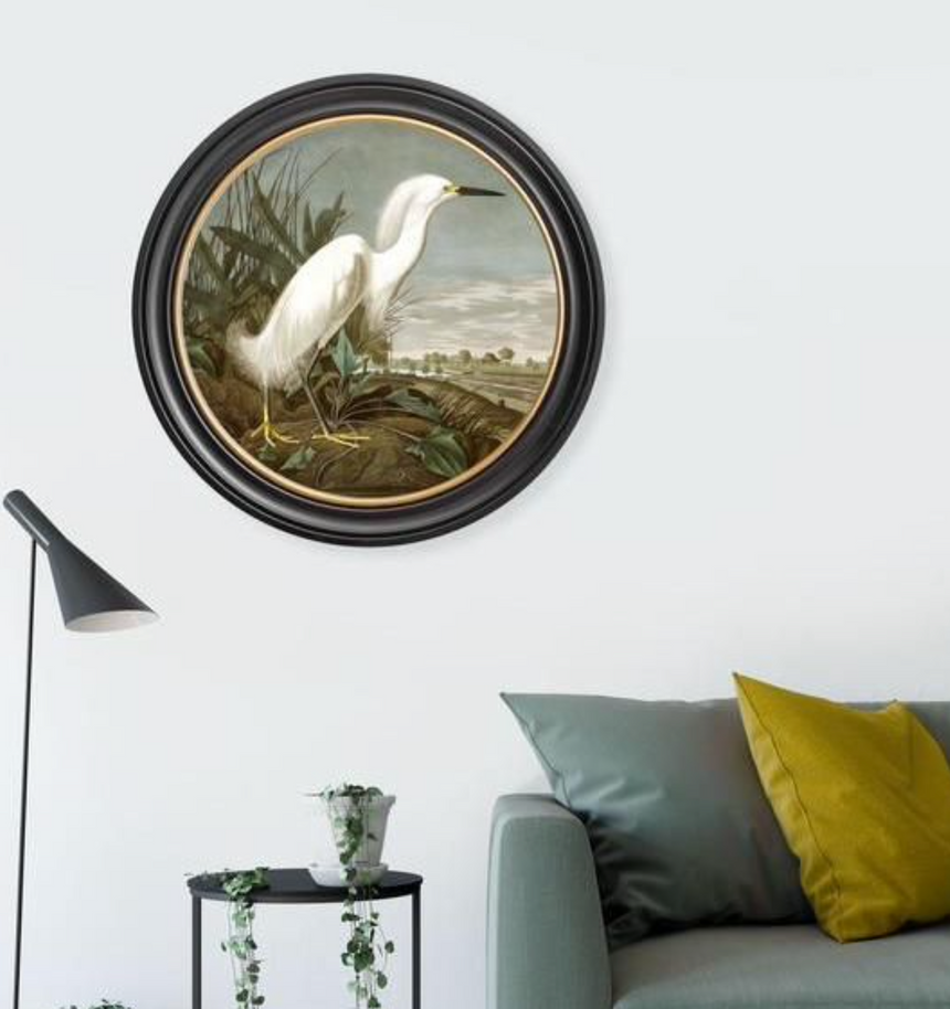 Vintage Round Framed Print, Snowy Heron