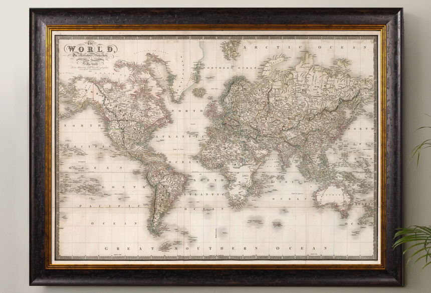 Vintage Framed Print, 1838 Map Of The World