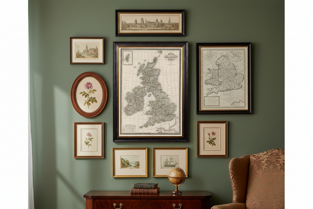 A vintage framed print of a map of the British Isles, featuring a detailed map with color-coded regions and vintage style frame with a gold inner edge.