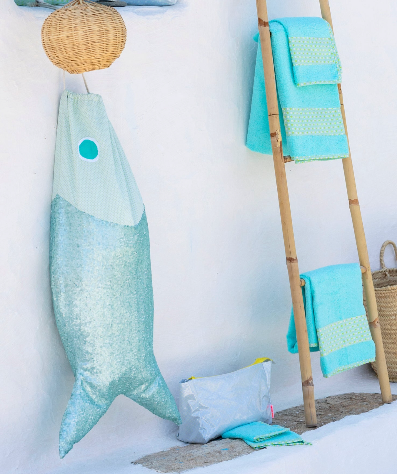 Petit Pan Fish Hanging Laundry Bag, Blue Sequin