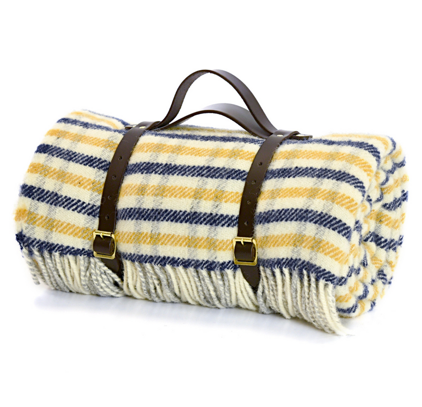 Tweedmill Polo Pure Wool Knitted Picnic Blanket, Navy/ Yellow Gun Club Check