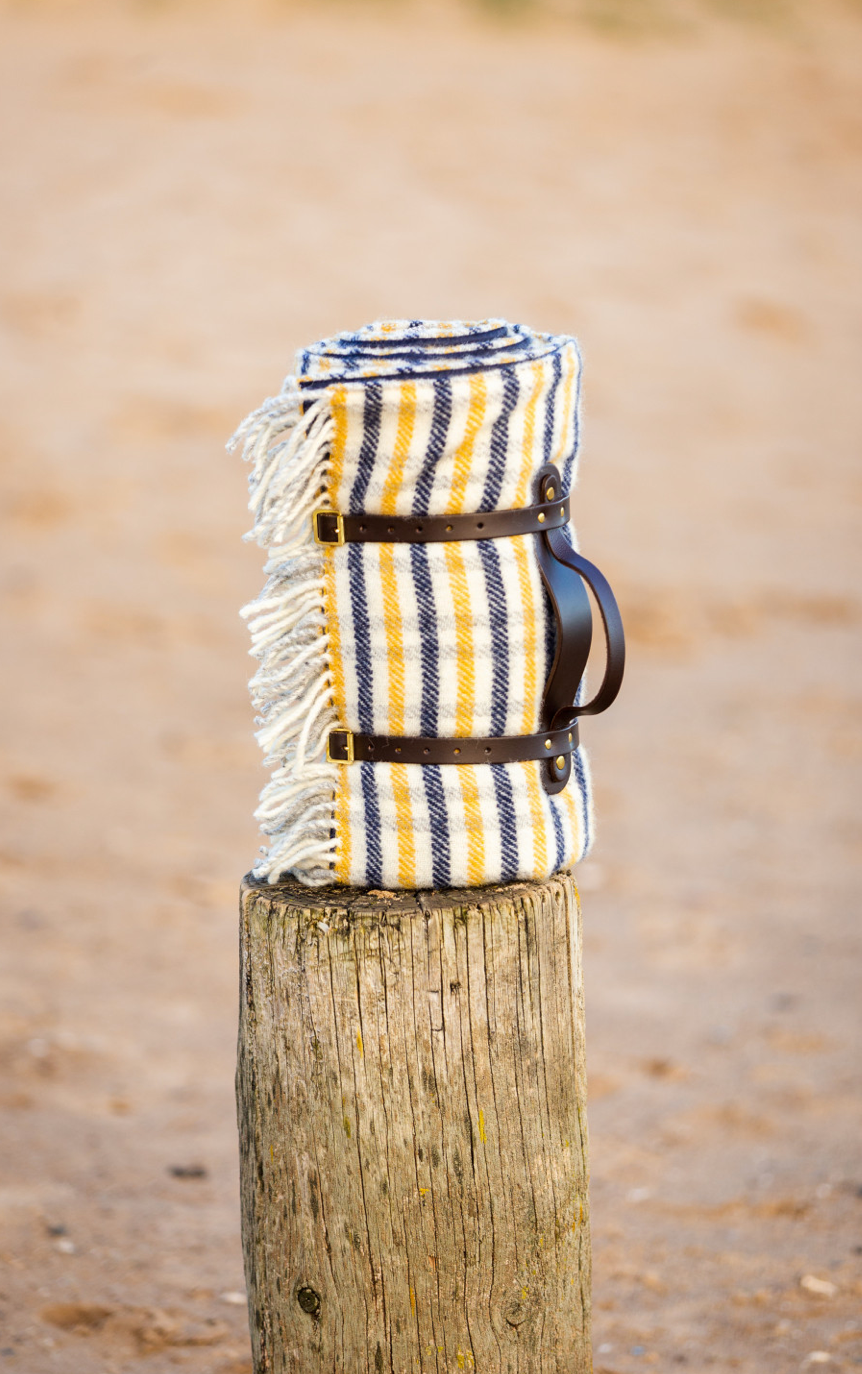 Tweedmill Polo Pure Wool Knitted Picnic Blanket, Navy/ Yellow Gun Club Check