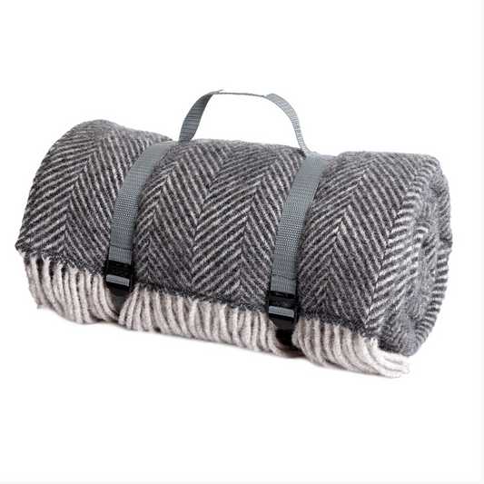 Tweedmill Polo Pure Wool Knitted Picnic Blanket, Herringbone Charcoal