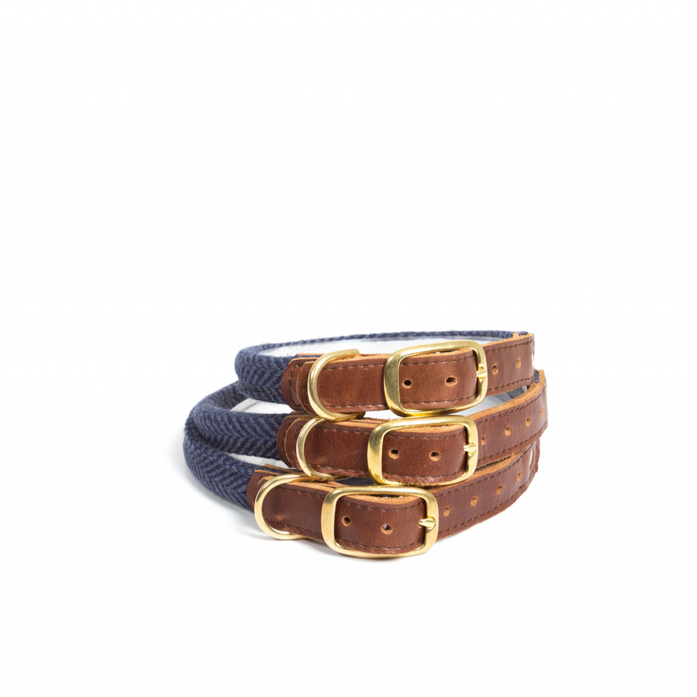 Tweedmill Rolled Tweed Dog Collar, Navy Blue