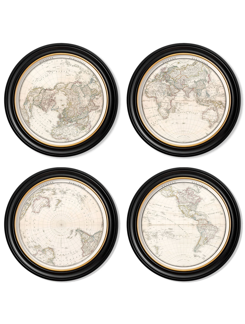 Vintage Round Framed Print, World Hemispheres, Southern Hemisphere