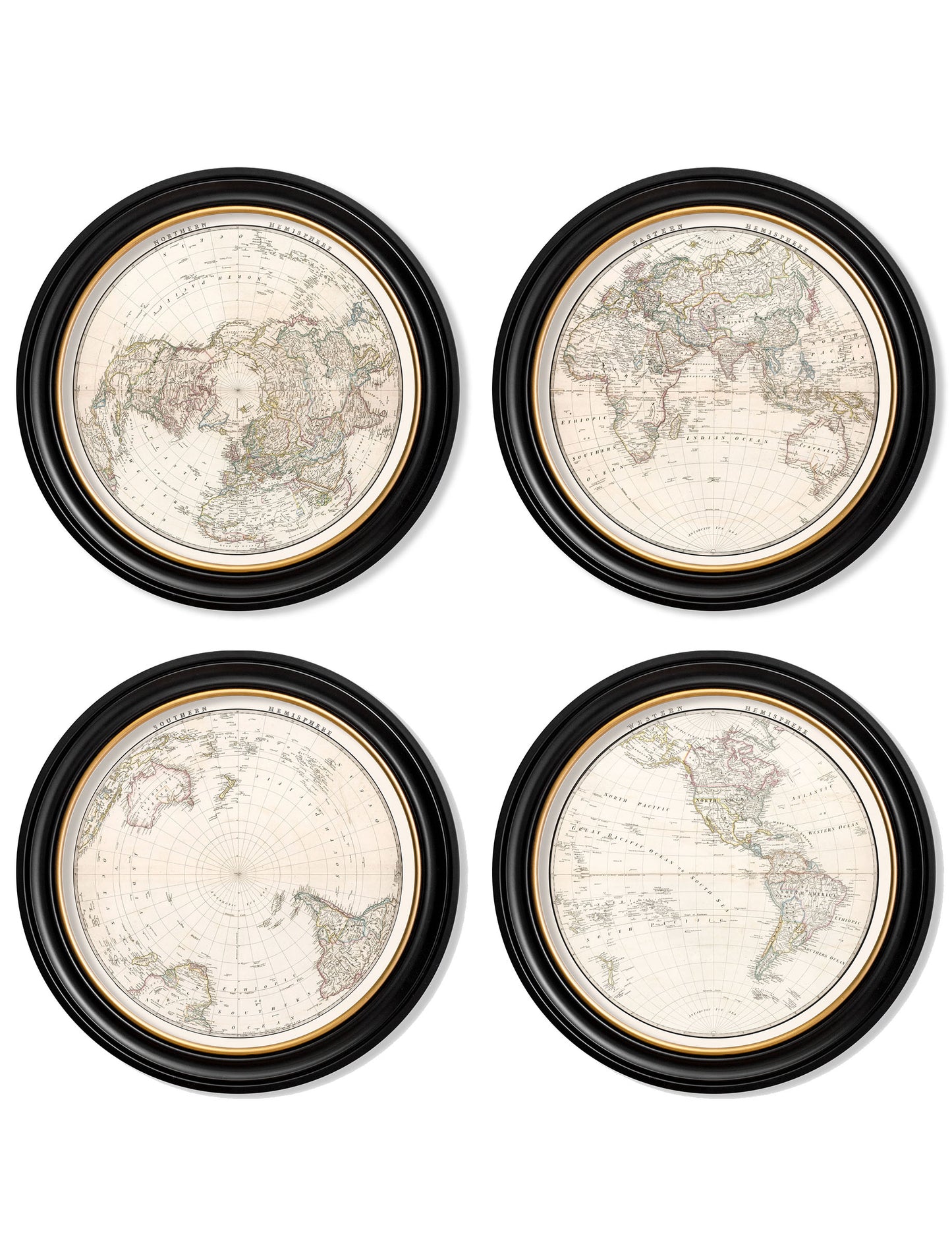 Vintage Round Framed Print, World Hemispheres, Western Hemisphere