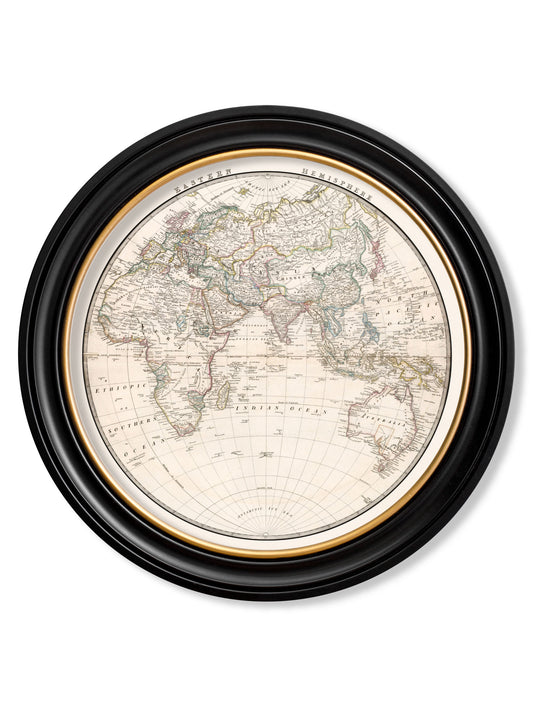 Vintage Round Framed Print, World Hemispheres, Eastern Hemisphere