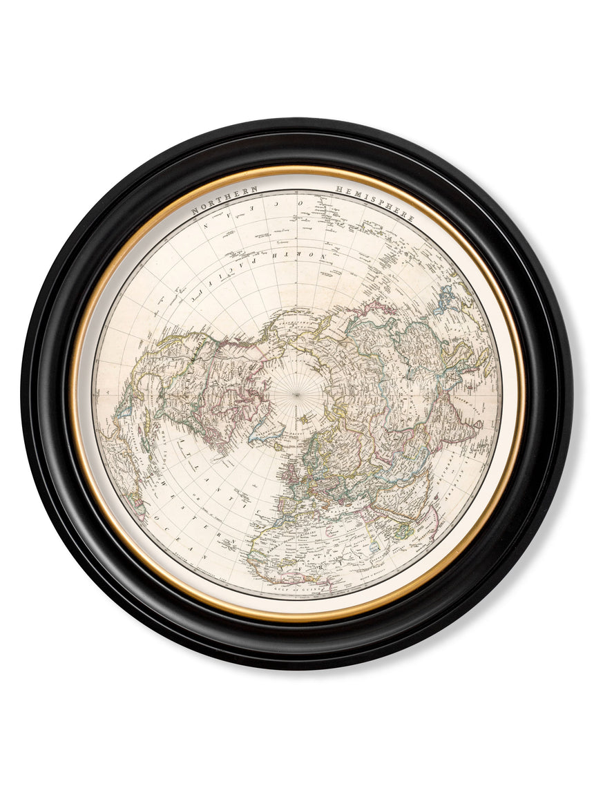 Vintage Round Framed Print, World Hemispheres, Northern Hemisphere