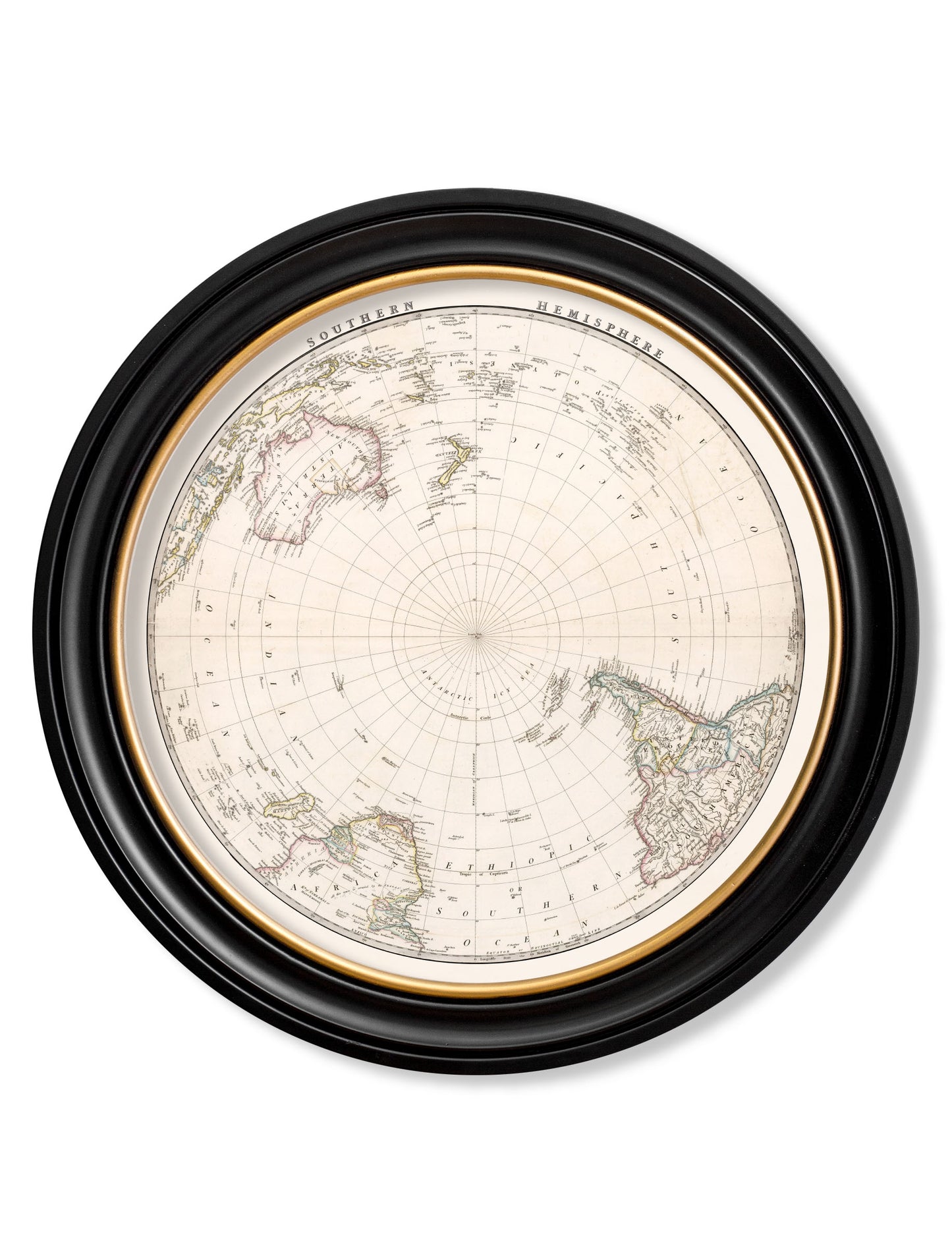 Vintage Round Framed Print, World Hemispheres, Southern Hemisphere