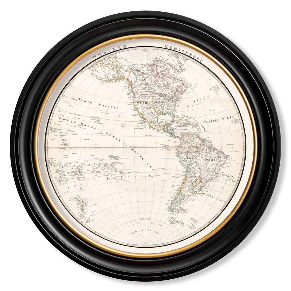 Vintage Round Framed Print, World Hemispheres, Western Hemisphere