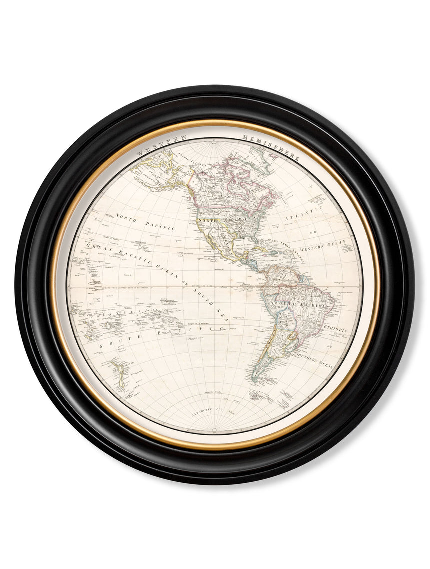 Vintage Round Framed Print, World Hemispheres, Western Hemisphere