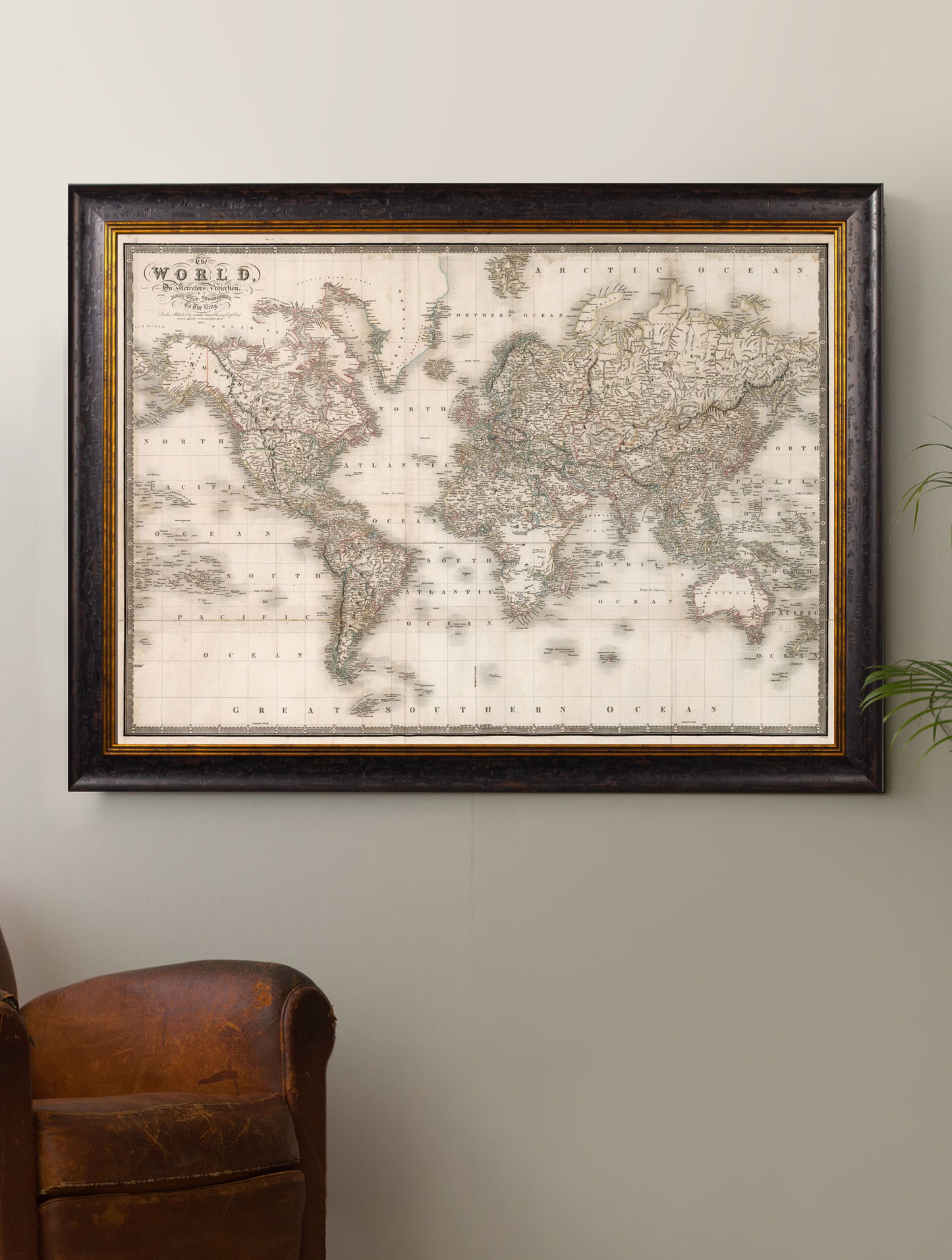 Vintage Framed Print, 1838 Map Of The World